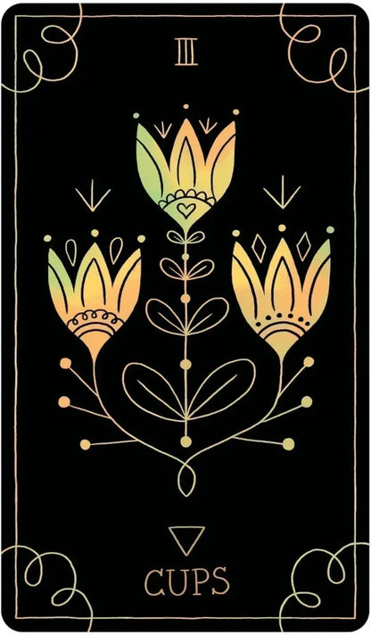 Tarot card with floral design labeled 'Cups' on a black background