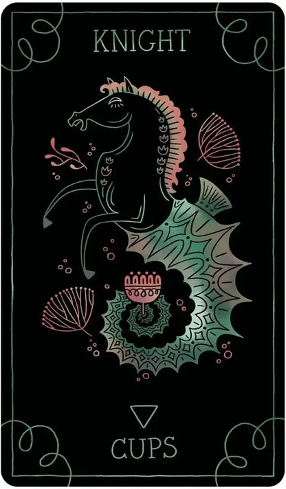 Card featuring a stylized dragon with floral elements on a black background, labeled 'Knight of Cups'.