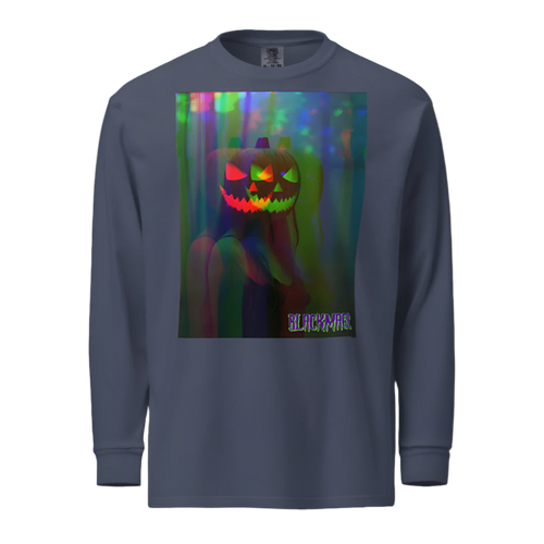 Navy blue long-sleeve shirt with a colorful jack-o'-lantern design on a white background