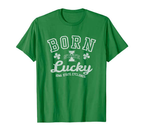 Green t-shirt with 'Born Lucky Iowa State Cyclones' text on a white background