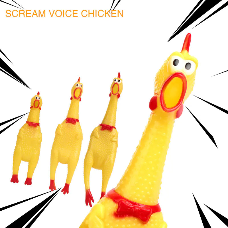 Yellow chicken toy with red accents on a white background