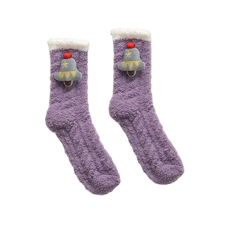 Pair of purple socks with cartoon character toes on a white fluffy surface