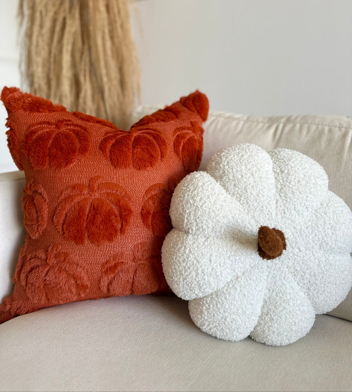 Decorative pillows on a couch with a white wall and decorative mirror in the background