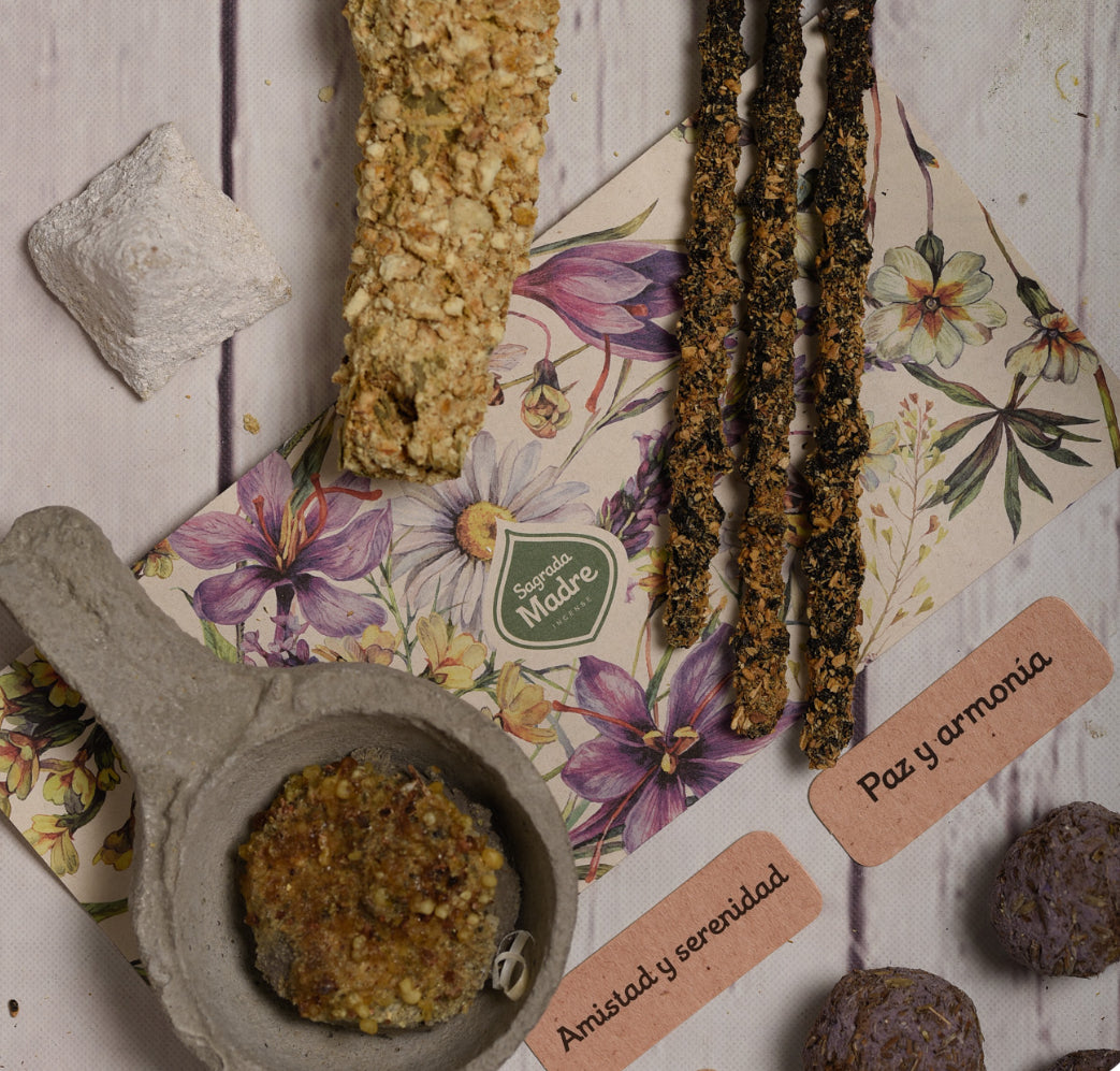 Spices and herbs on a floral-patterned paper with decorative elements