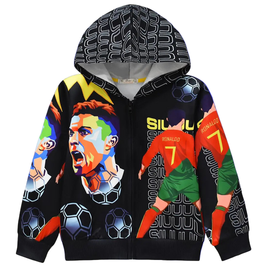 Colorful hoodie with a soccer player design on a white background