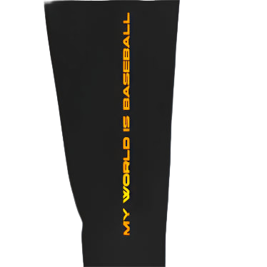 Black pants with yellow text on a white background