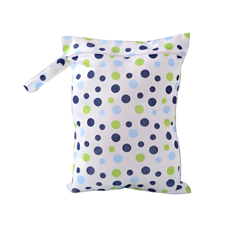 Polka dot pouch with a zipper on a light gray background