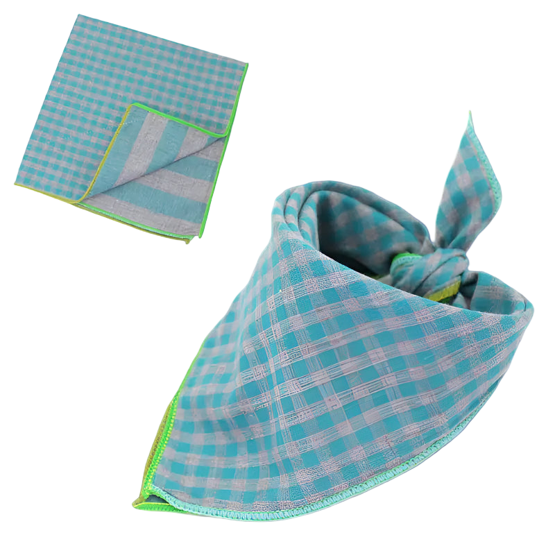 Blue and green checkered towel with a knot on a white background