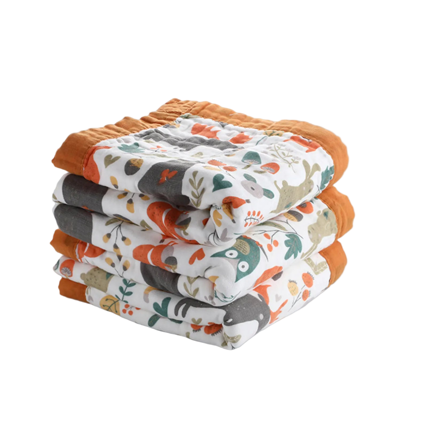 Stack of baby blankets with animal pattern on a white background