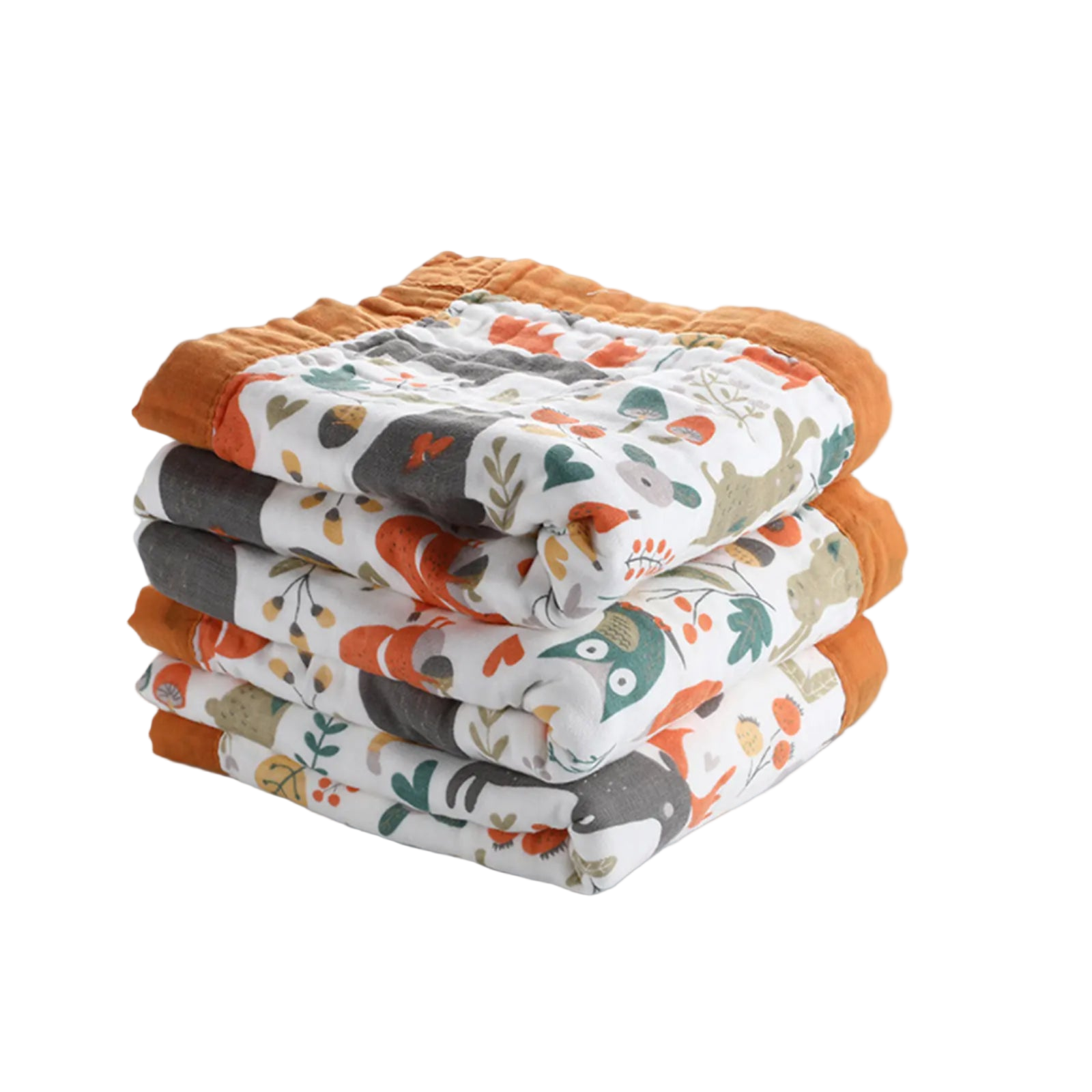 Stack of baby blankets with animal pattern on a white background
