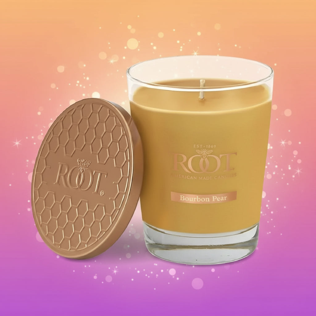 Root candle with wooden lid on a white background