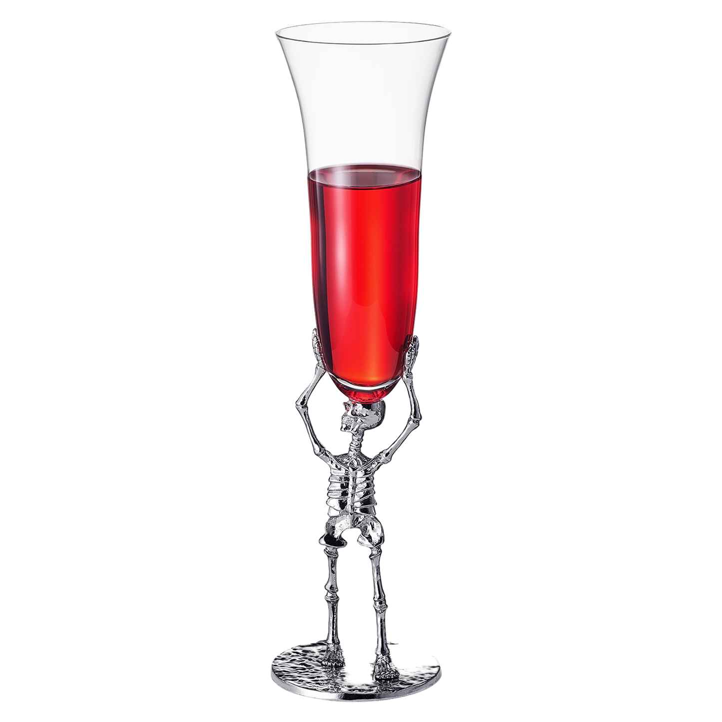 Skeleton hand holding a glass of red liquid on a white background