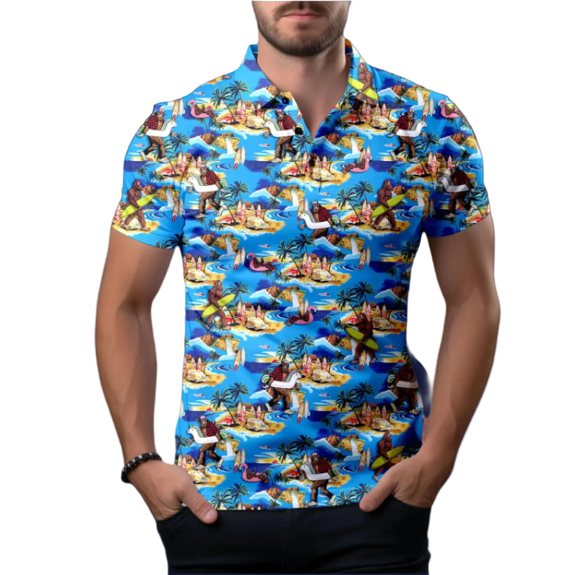 Man wearing a colorful patterned shirt with a tropical design on a white background