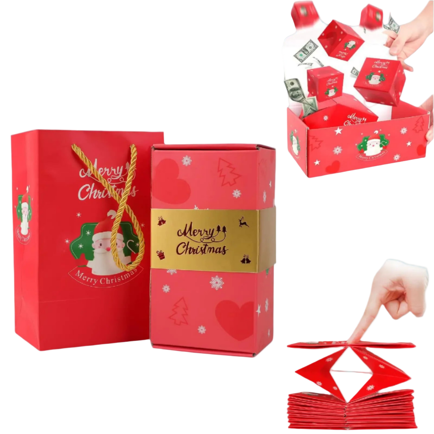 Red Christmas-themed gift box with 'Merry Christmas' text and decorative elements.