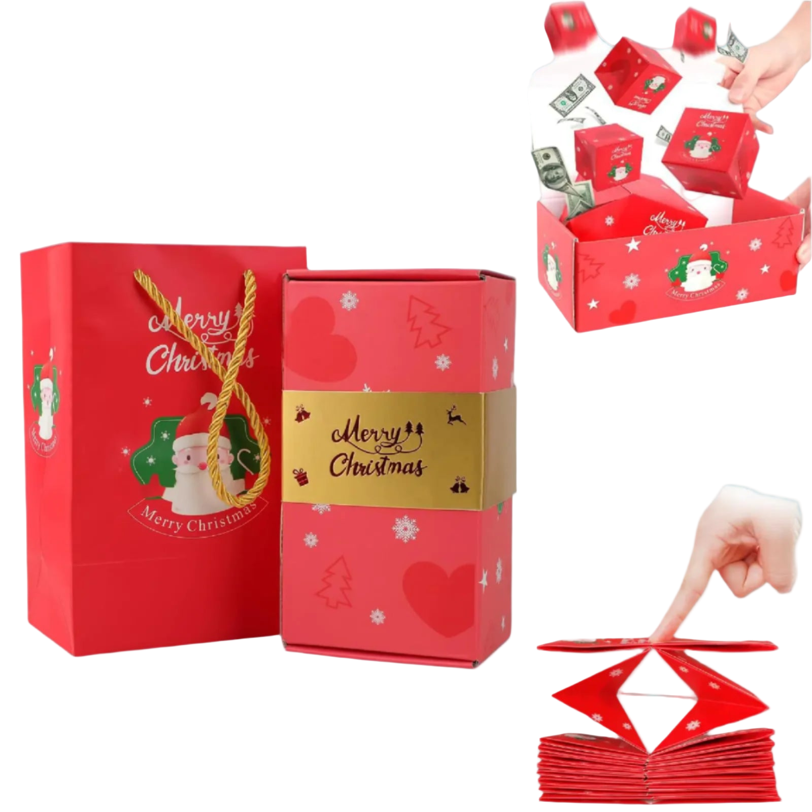 Red Christmas-themed gift box with 'Merry Christmas' text and decorative elements.