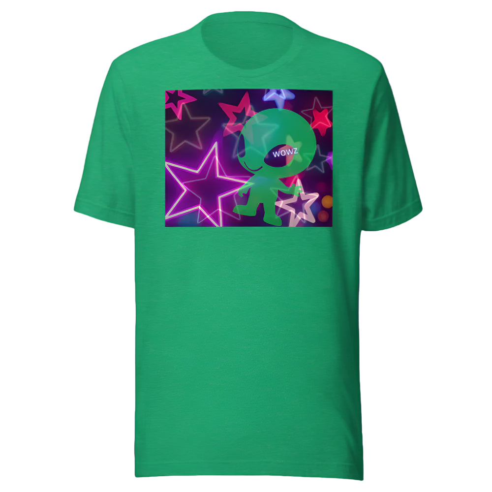 Green t-shirt with a colorful graphic of a green character and stars on a white background