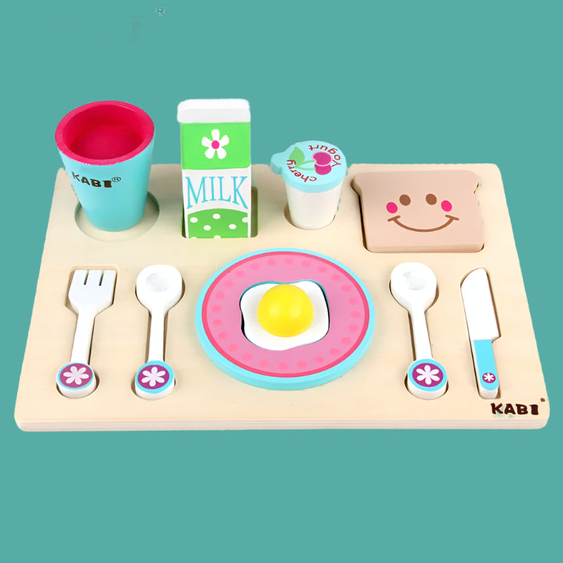 Wooden toy set with utensils and food items on a white background, branded 'KABI'.