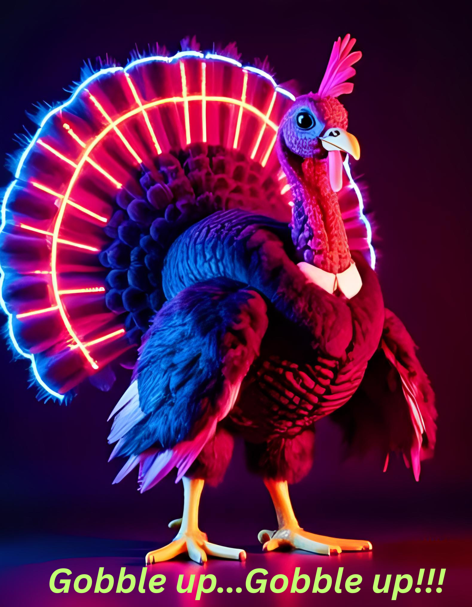 Neon-lit turkey figure with glowing feathers on a dark background