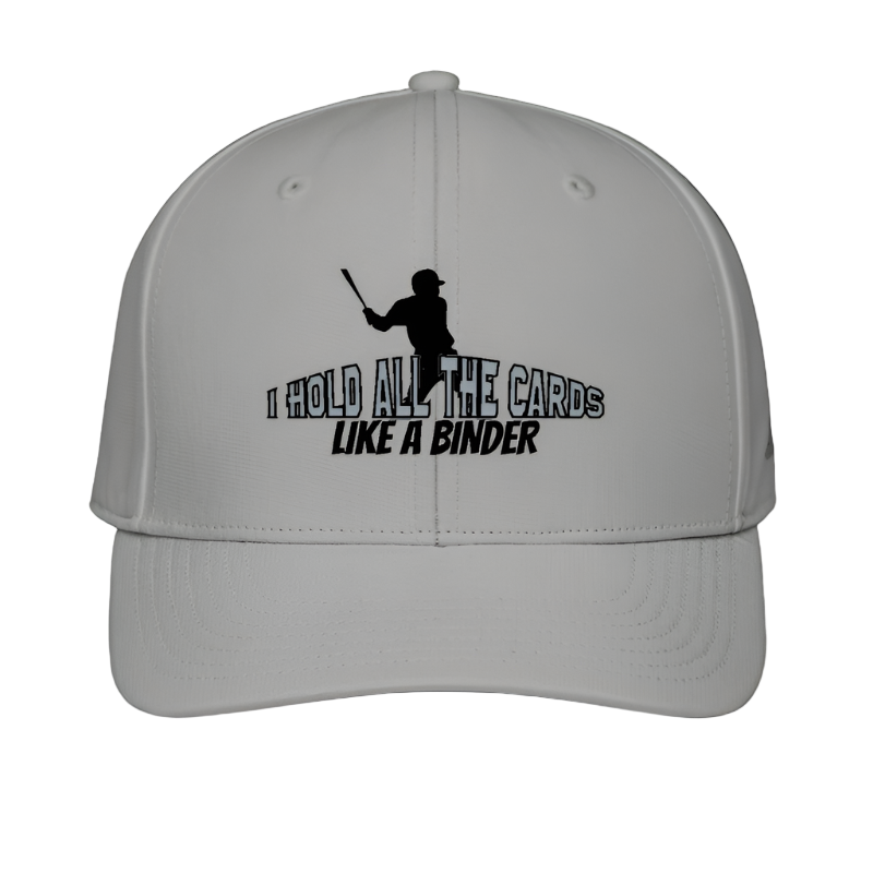 White cap with black text and graphic on a white background
