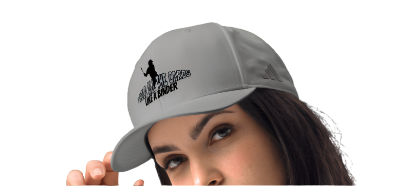 Woman wearing a gray cap with text on a white background