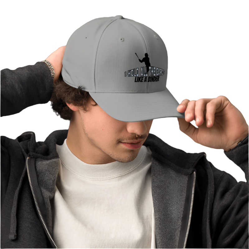 Person wearing a gray cap with text and graphics on a white background