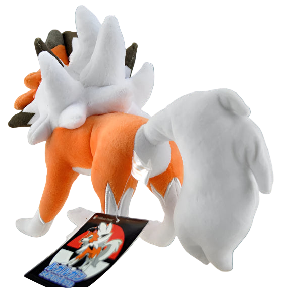 Plush toy of a fox-like creature with large white ears and orange body, accompanied by a card featuring the same design.