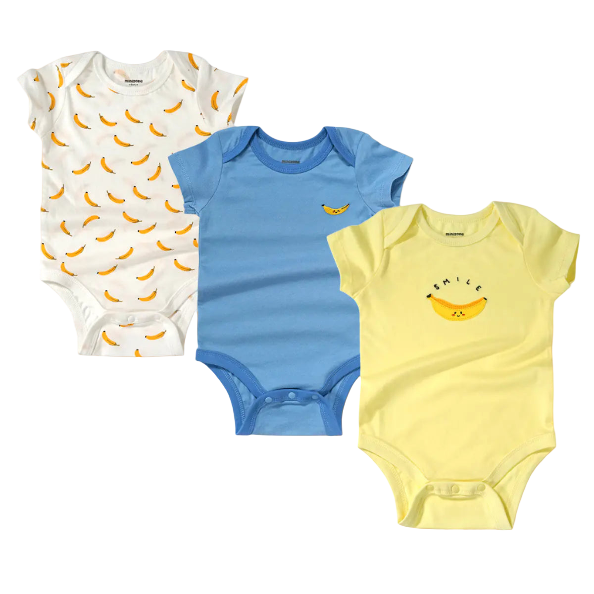 Three baby bodysuits with banana patterns on a white background