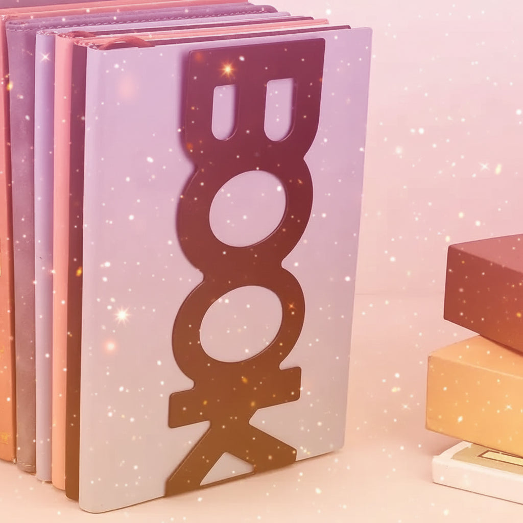 Stack of notebooks with a blue cover featuring a black 'BOOK' design on a light background.