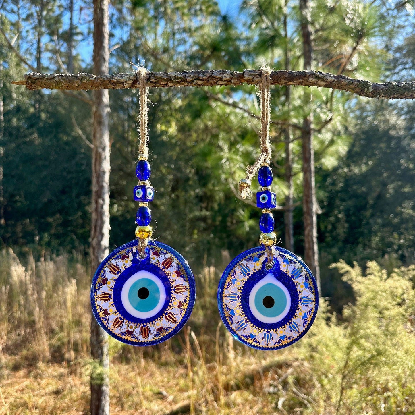 Gold Trim Wall Hanging Evil Eye Nazar Boncuk Mal De Ojo, Modern Boho Style Home Decor -- Golden Tulip Mandala -- Red or Turquoise