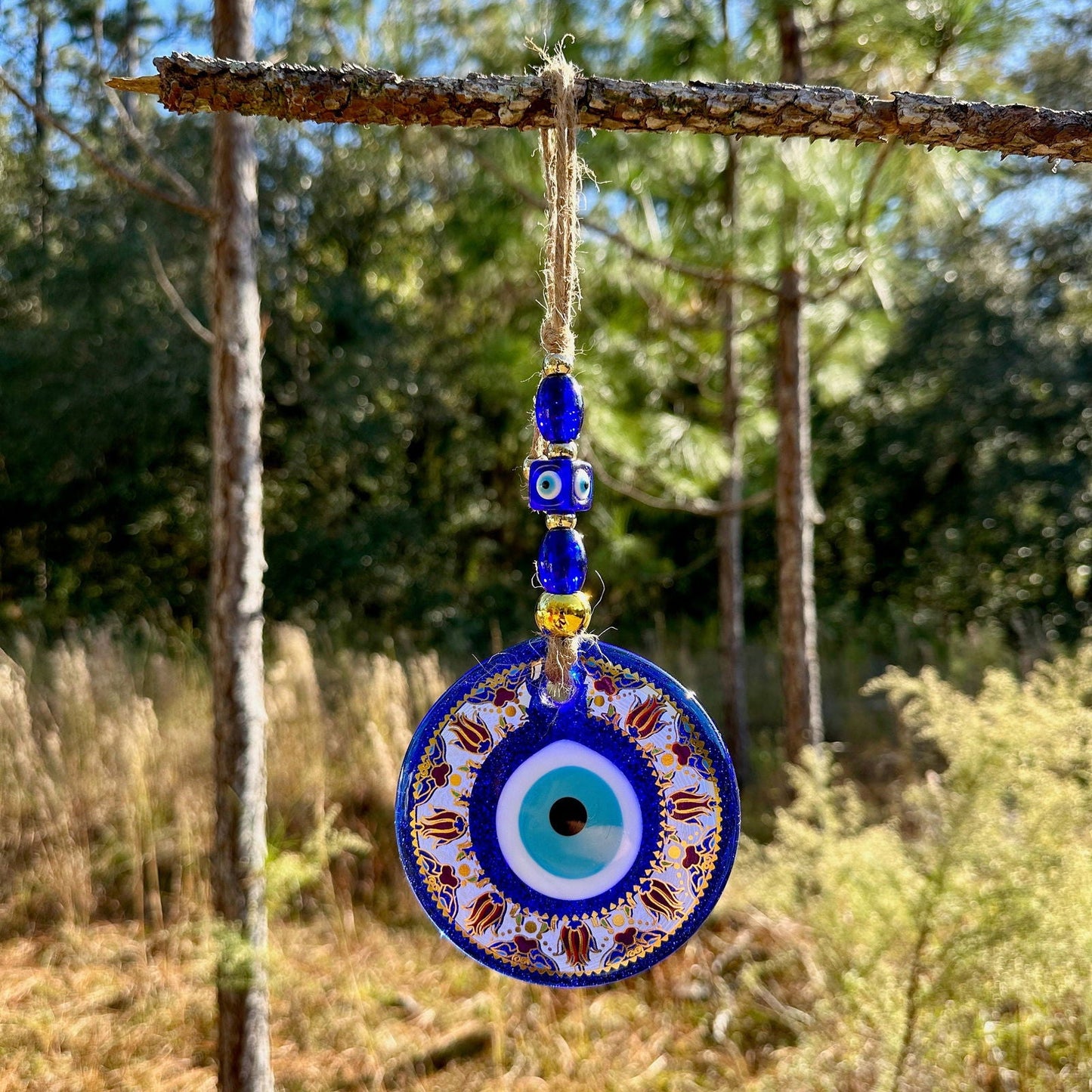 Gold Trim Wall Hanging Evil Eye Nazar Boncuk Mal De Ojo, Modern Boho Style Home Decor -- Golden Tulip Mandala -- Red or Turquoise