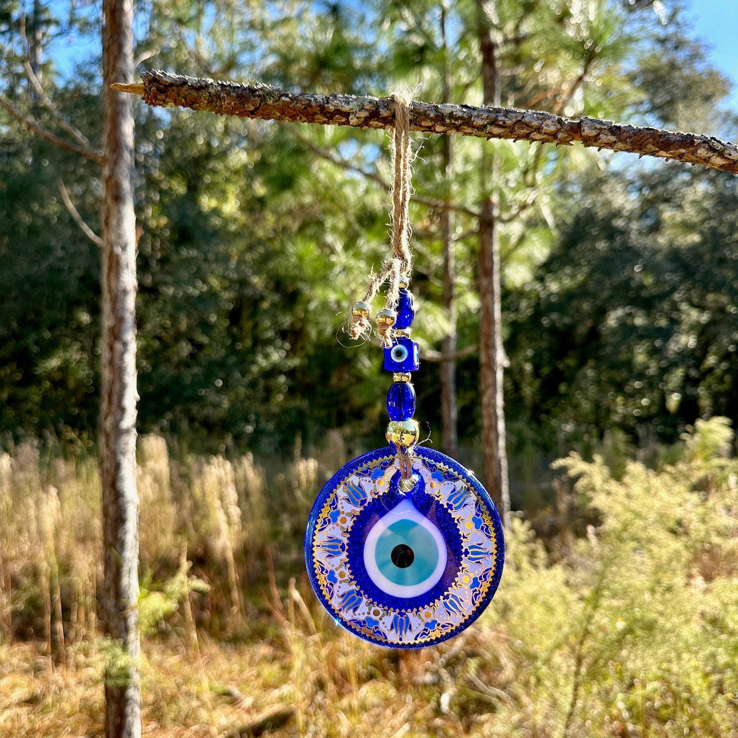 Gold Trim Wall Hanging Evil Eye Nazar Boncuk Mal De Ojo, Modern Boho Style Home Decor -- Golden Tulip Mandala -- Red or Turquoise