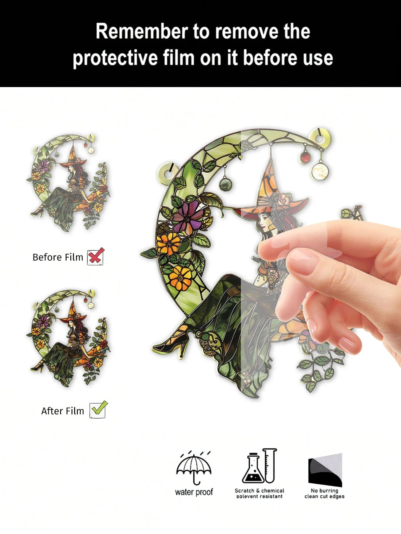 Hand removing protective film from decorative witch design on a white background