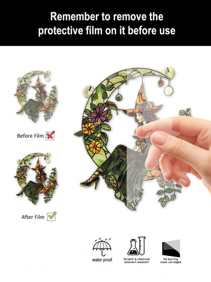Hand removing protective film from decorative witch design on a white background