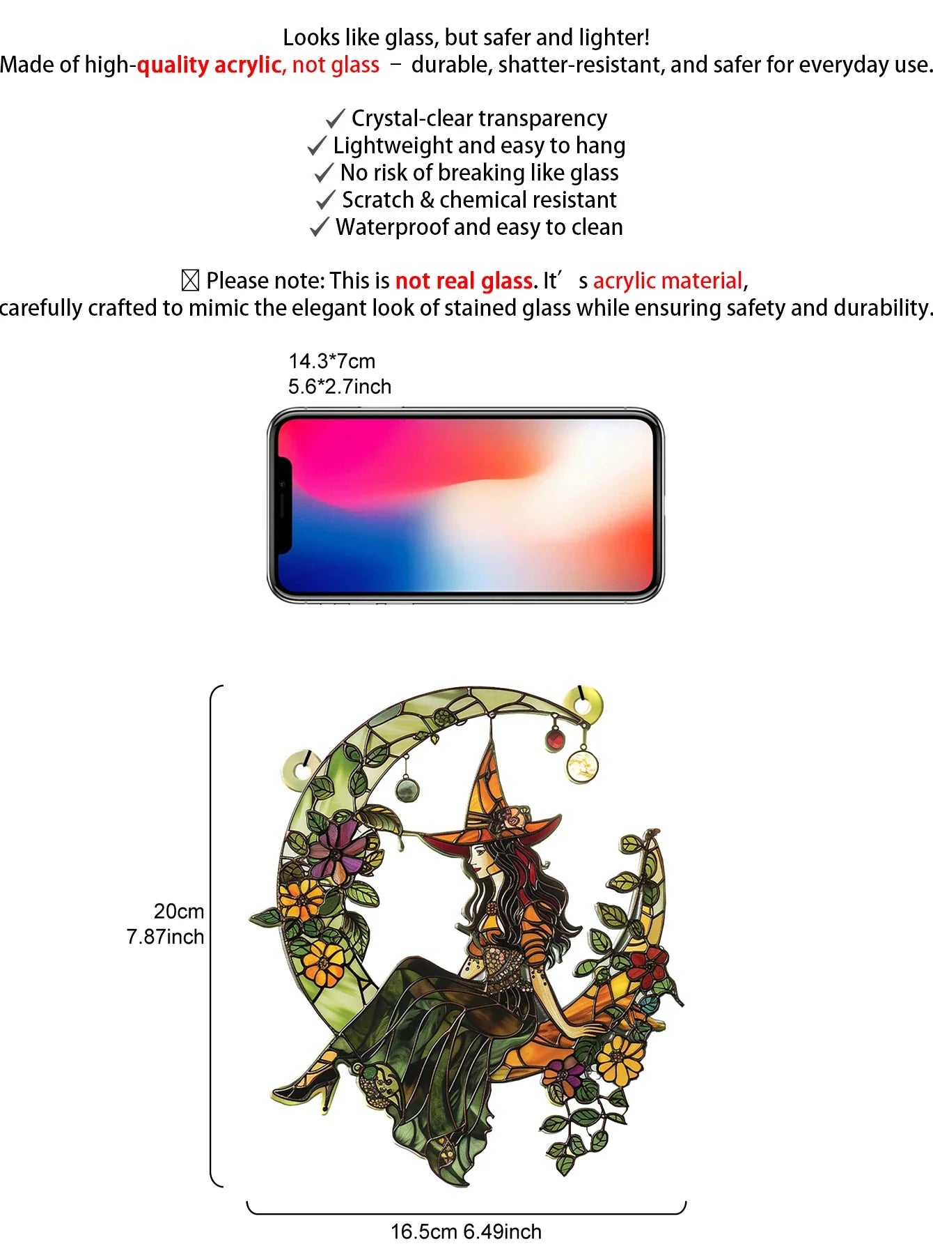 Decorative glass-like product with a witch design, dimensions, and material information on a white background.