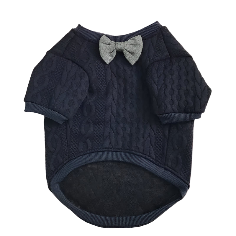 Navy blue knitted sweater with a bow tie on a white background