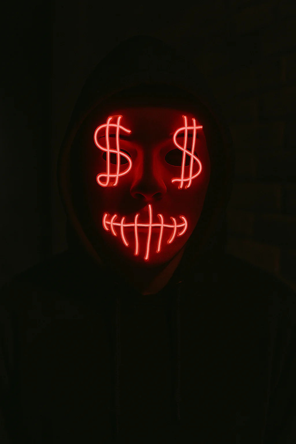 Mask with red LED lights shaped like dollar signs and a mouth on a dark background