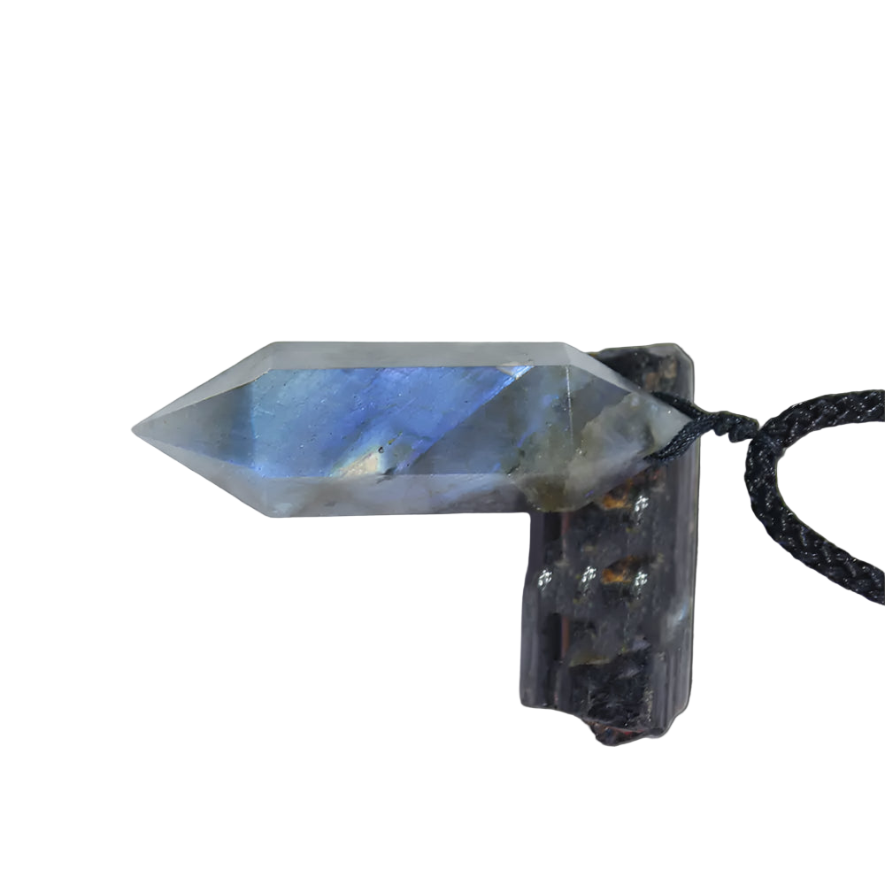 Crystal pendant with a blue flame pattern on a white background