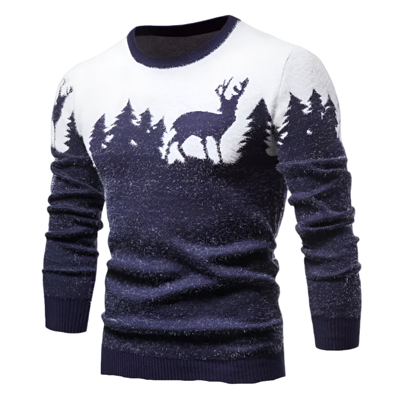 Navy blue and white sweater with deer and forest design on a white background