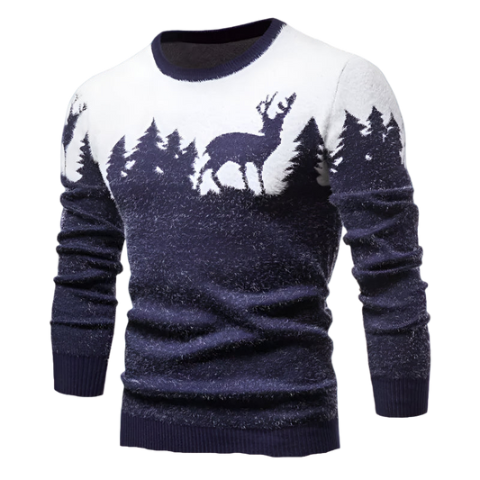Navy blue and white sweater with deer and forest design on a white background