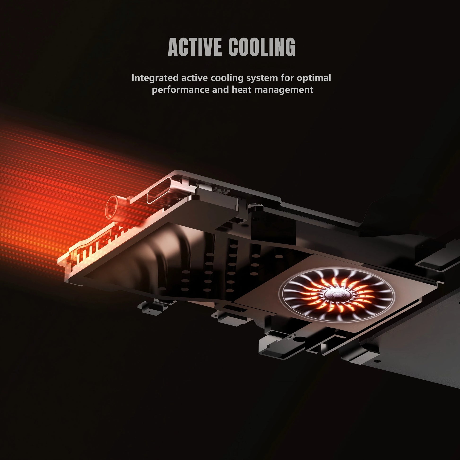 Computer graphics card with active cooling system on a black background