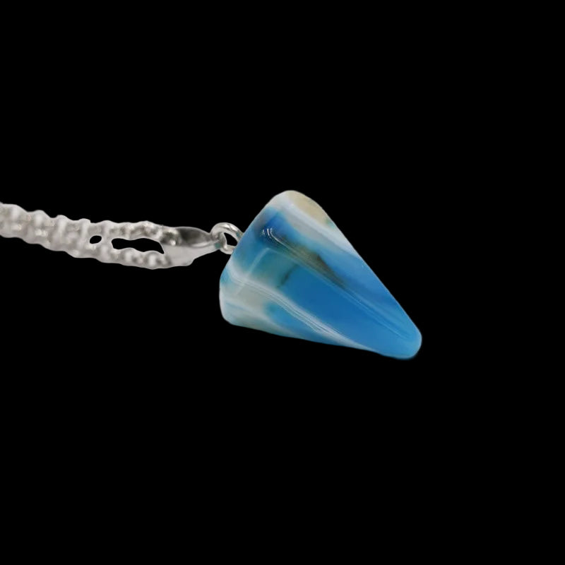 Blue and white striped pendant on a chain against a white background
