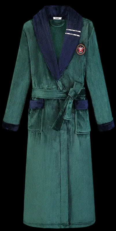 Green robe with navy trim worn by a model on a white background