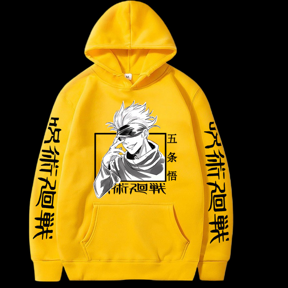 Yellow hoodie with anime character and text on a white background