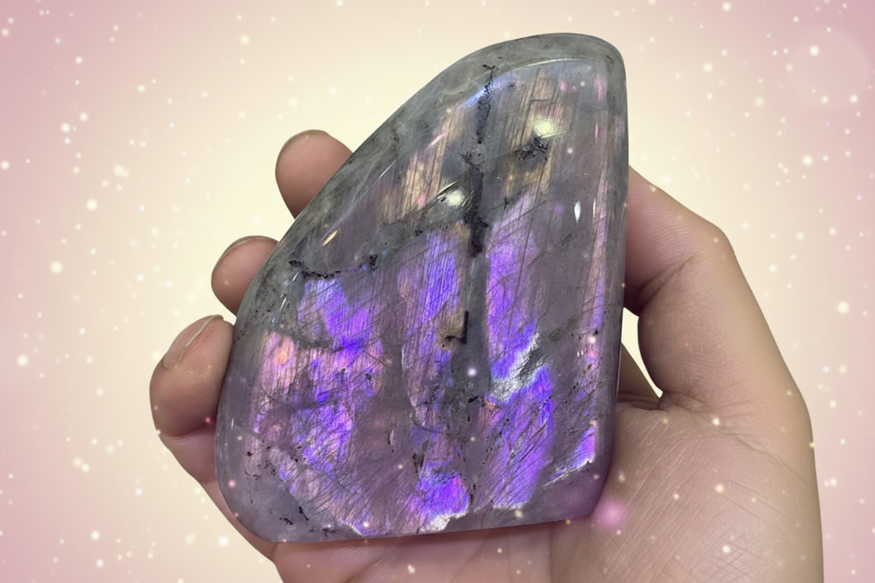 Person holding a large, colorful labradorite stone with iridescent purple and blue patterns.