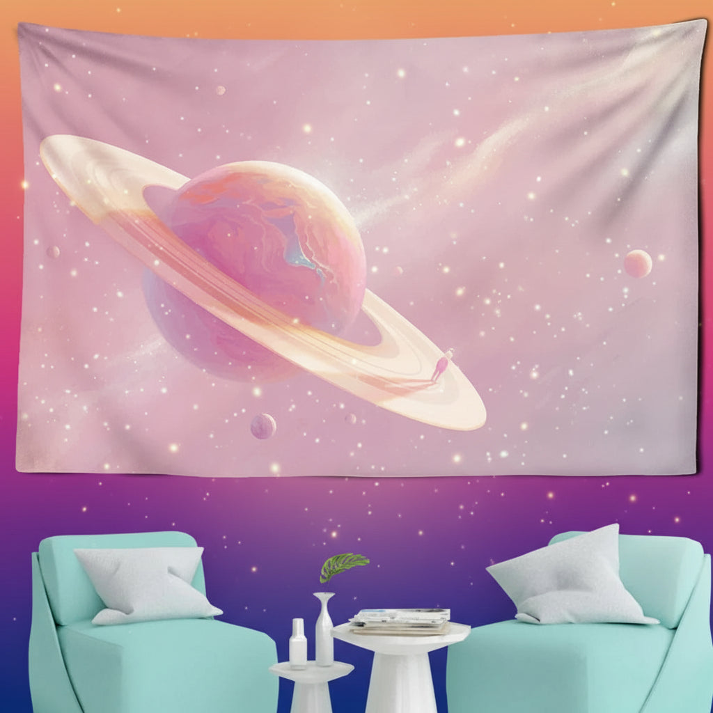 Tapestry with a pastel-colored planet design hanging on a wall above a light blue sofa.