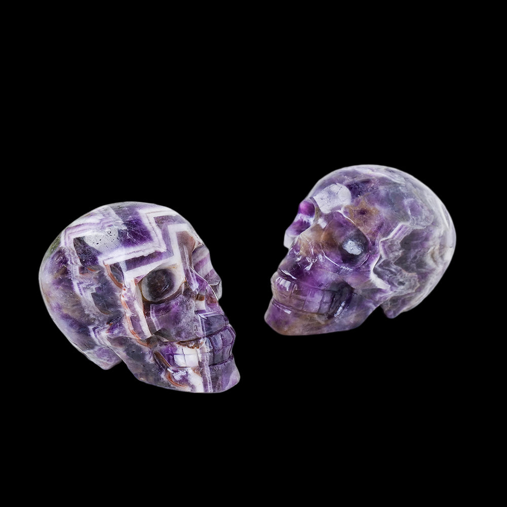 Two purple crystal skulls on a white surface with a blurred green plant in the background.