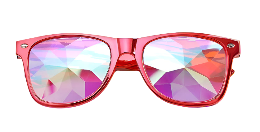 Sunglasses with pink frame and multicolored lenses on a white background