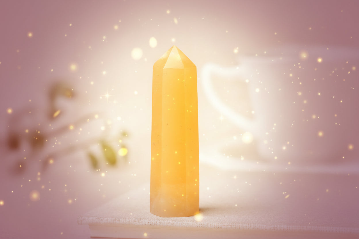 Tall, yellow crystal point on a white surface with a blurred background