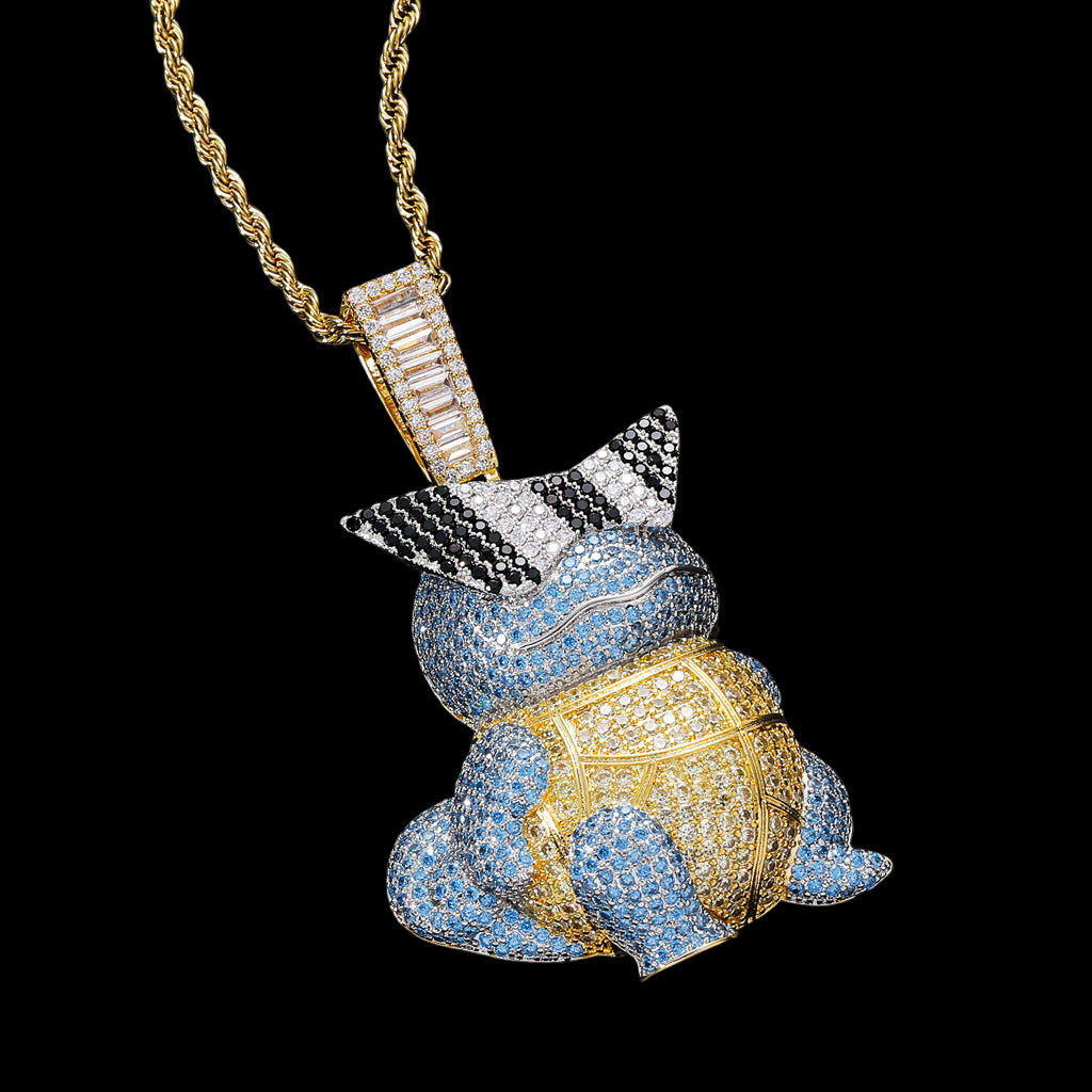 Elegant necklace with a blue and gold pendant on a black background