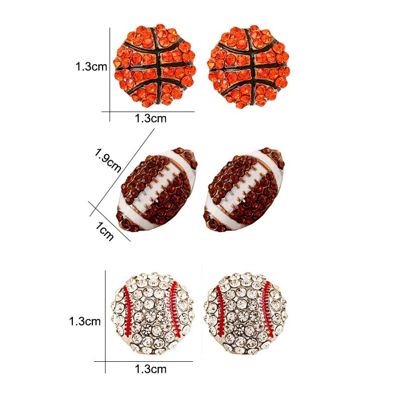 Set of sports-themed earrings including basketball, football, and baseball designs with measurements on a white background.
